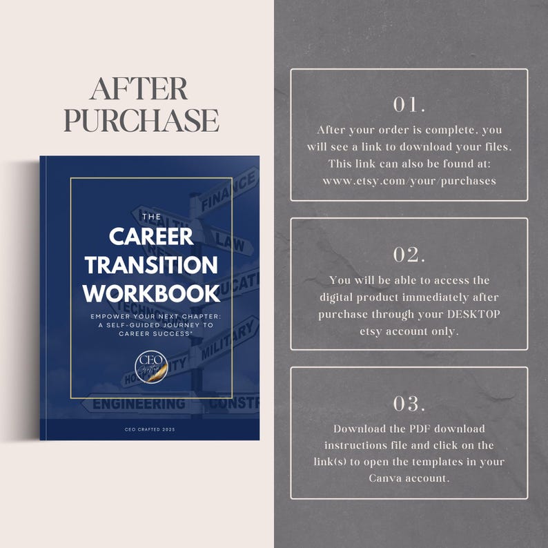 May include: A digital workbook titled "The Career Transition Workbook: Empower Your Next Chapter: A Self-Guided Journey to Career Success." The cover features a compass with arrows pointing to different career paths, including "Finance", "Law", "Education", "Military", "Technology", "Hospitality", "Engineering", and "Construction".