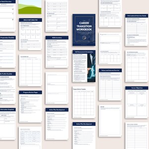 May include: A workbook titled "The Career Transition Workbook" with a blue cover and a white logo. The workbook includes pages for skills gap analysis, action plan development, and career objectives.