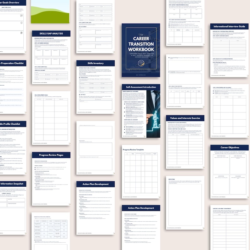 May include: A workbook titled "The Career Transition Workbook" with a blue cover and a white logo. The workbook includes pages for skills gap analysis, action plan development, and career objectives.