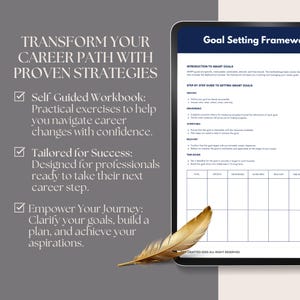 May include: A digital tablet displaying a goal setting framework with the text "Goal Setting Framework". The framework includes a table with the headings "Goal", "Specific", "Measurable", "Achievable", "Relevant", and "Time Bound". The text "Transform Your Career Path With Proven Strategies" is displayed on the left side of the image.