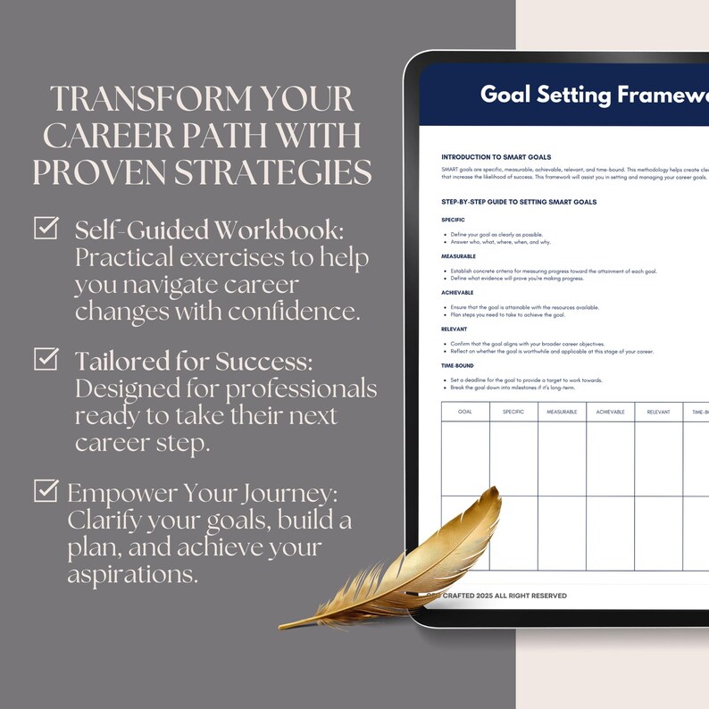 May include: A digital tablet displaying a goal setting framework with the text "Goal Setting Framework". The framework includes a table with the headings "Goal", "Specific", "Measurable", "Achievable", "Relevant", and "Time Bound". The text "Transform Your Career Path With Proven Strategies" is displayed on the left side of the image.