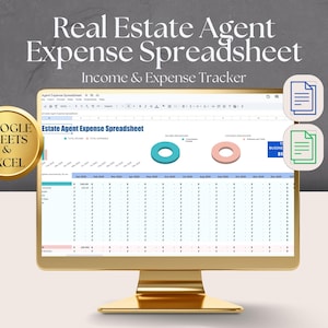 May include: A computer screen displaying a spreadsheet titled "Estate Agent Expense Spreadsheet". The spreadsheet is designed to track income and expenses for real estate agents. The spreadsheet is available in Google Sheets and Excel formats. The image also includes a gold badge with the text "Google Sheets & Excel".