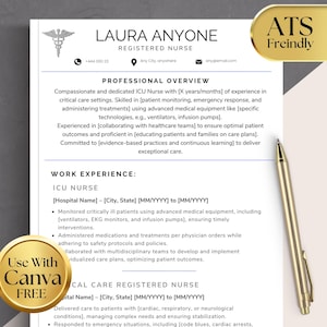 ICU Nurse Resume Template, Registered Nurse Resume, ICU Nursing Student CV - Modern Template - Cover Letter Included - Digital Download