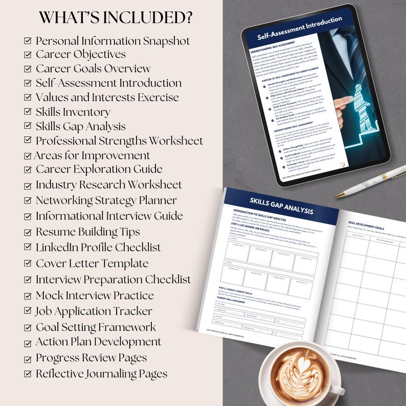 May include: A checklist of items included in a career development workbook. The checklist includes items such as personal information snapshot, career objectives, career goals overview, self-assessment introduction, values and interests exercise, skills inventory, skills gap analysis, professional strengths worksheet, areas for improvement, career exploration guide, industry research worksheet, networking strategy planner, informational interview guide, resume building tips, LinkedIn profile checklist, cover letter template, interview preparation checklist, mock interview practice, job application tracker, goal setting framework, action plan development, progress review pages, and reflective journaling pages.