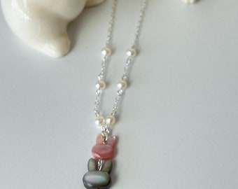 Mother of Pearl Rabbits Pendants Silver Chain Necklace - Handmade Jewelry