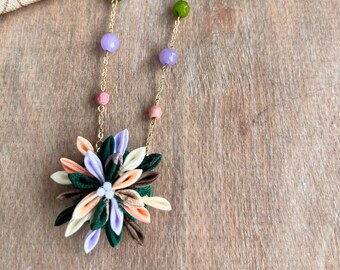 Dark Green and Purple Maple Vintage Kimono Fabric Kanzashi Flower Pendant Necklace- Fabric Art Pendant gift for girls women