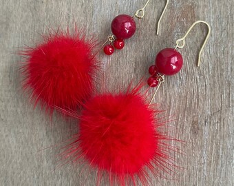Fluffy Real Mink Red Color Ball and Red Jade Long Earrings - Jewelry Winter Gift for you her friends girlfriend wife mom
