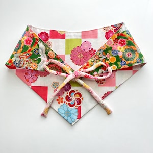 L size Pet Accessory Reversible Bandana Cranes Green x Check Pattern White  - L size Japanese print