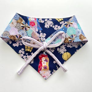 Reversible Pet Bandana: Maiko Navy Blue & Floral Japanese Cotton M size