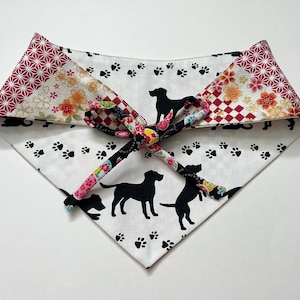 L size Pet Accessory Reversible Bandana Red and White Cherry blossom x Black Dogs  - L size Japanese print