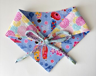 Reversible Pet Bandana: Blue Kimono girls kimono Flowers Print - Japanese Cotton M size