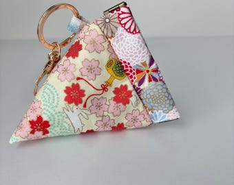 Japanese Fabric Mini Pyramid Pouch: Yellow and Gray Rabbits Keychain