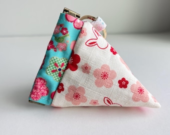 Japanese Fabric Mini Pyramid Pouch: Blue and Pink Rabbit Keychain