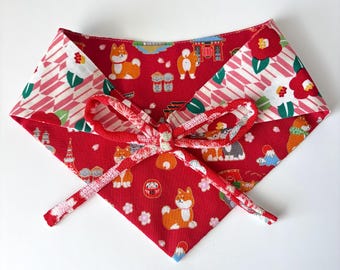 Reversible Pet Bandana: Shiba inu in Japan x Flowers Cotton - M Size