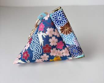 Kimono Fabric Mini Pyramid Pouch: Cherry Blossom Rabbit Japanese Cotton Coin Purse Keychain