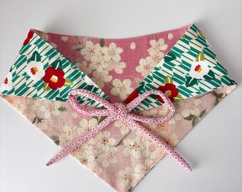 Reversible Pet Bandana: Japanese Cotton Cherry Blossom Print, Pepermint Design L Size