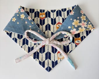 Reversible Pet Bandana: Navy Shiba inu x Blue Cherry Blossom Cotton - M Size