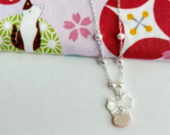 Mother of Pearl Pink Kitty and Ribbon Pendants Silver Chain Necklace - Handmade Jewelry