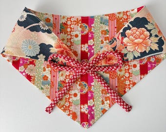 Reversible Pet Bandana: Japanese Cotton Print Stripe and Navy Flowers-L size