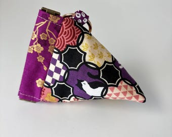 Japanese Cotton Mini Pyramid Pouch:Purple Flower Cat Print Coin Purse Keychain