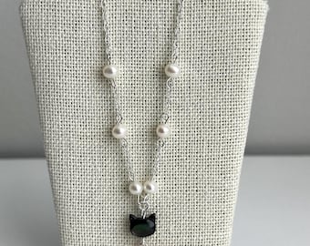 Mother of Pearl Black x Pink Kitty Pendants Silver Chain Necklace - Handmade Jewelry