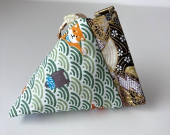 Japanese Cotton Mini Pyramid Pouch: Shiba Inu Wave Fan Print Coin Purse Keychain