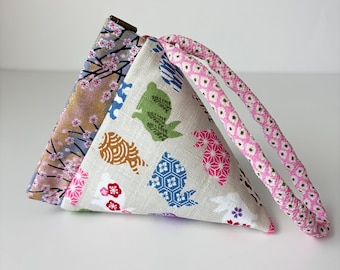 Internal Flex Japanese Fabric Pyramid Shape  Ivory Rabbit and Flowers - Jewelry pouch, walking ,etc.