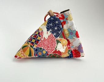 Japanese Fabric Mini Pyramid Pouch: Red Mt.Fuji Rabbit Keychain