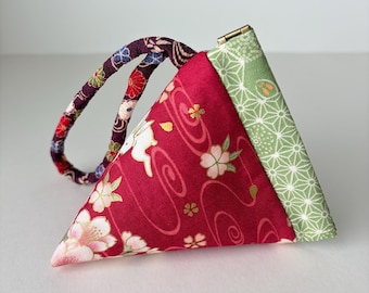 Internal Flex Japanese Fabric Pyramid Shape  Rabbit Red kimono Design - Jewelry pouch, walking ,etc.