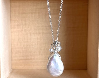 Teardrop Pearl and Tiny Pearls Starling Silver Necklace - Handmade Jewelry