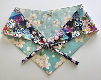 Reversible Pet Bandana: Japanese Cotton Print Blue Cherry Blossom Flowers-L size