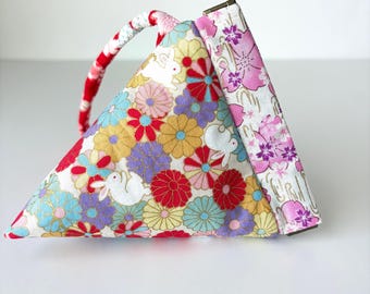 Internal Flex Japanese Fabric Pyramid Shape   Rabbit and Red Flowers - Jewelry pouch, walking ,etc.