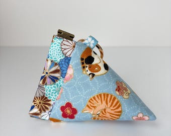 Japanese Cotton Mini Pyramid Pouch:Pale Blue and Yellow Cat Print Coin Purse Keychain