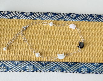 Sterling silver cat bracelet with mother-of-pearl charms - Handmade Jewelry