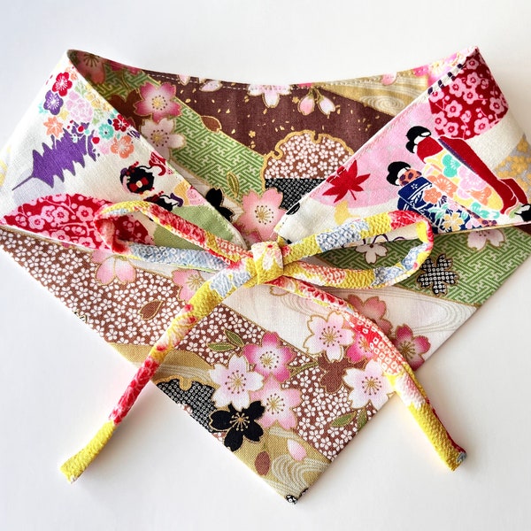 M size Pet Accessory Reversible Bandana Green Brown Cherry Blossom x Off- White Kimono Girls -M size Japanese cotton print