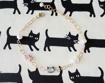 K14 Gold-filled cat bracelet with mother-of-pearl charms - Handmade Jewelry