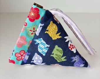 Internal Flex Japanese Fabric Pyramid Shape Navy Rabbits Jewelry pouch, walking,etc.