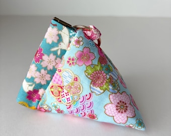 Japanese Cotton Mini Pyramid Pouch: Japanese Flowers Rabbits Print Coin Purse Keychain