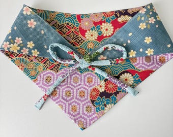 Reversible Pet Bandana: Japanese Cotton Print Purple Kimono Pattern and Cherry Blossom-L size