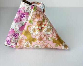 Japanese Cotton Mini Pyramid Pouch: Pink Cats and Rabbits Print Coin Purse Keychain