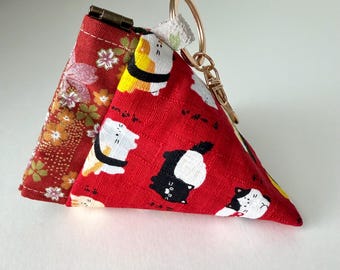 Japanese Cotton Mini Pyramid Pouch: Sushi Cats Coin Purse Keychain