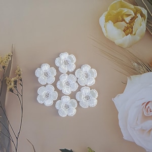 May include: Seven white lace flower appliques, each with a delicate floral design, arranged on a light brown background.