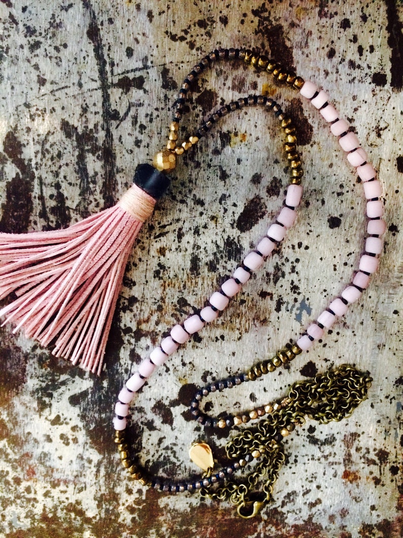 Tassel necklace. Light pink seed bead necklace. Pink necklace. Long necklace image 7