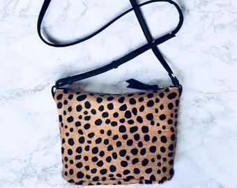 OLIVIA-Leopard print cross body bag. Hair-on-hide bag. Leopard handbag.