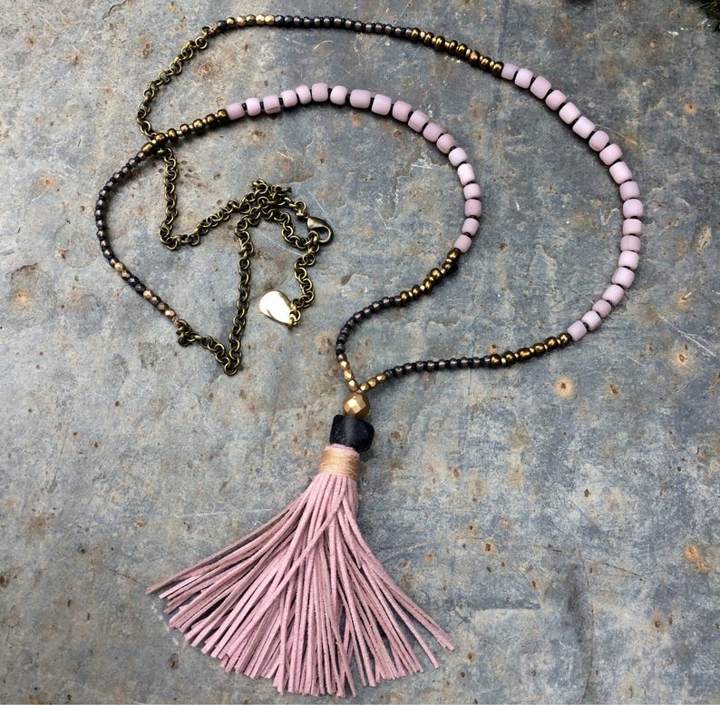 Tassel necklace. Light pink seed bead necklace. Pink necklace. Long necklace image 4