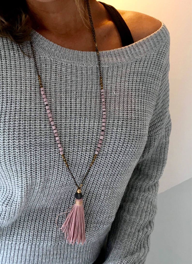 Tassel necklace. Light pink seed bead necklace. Pink necklace. Long necklace image 2