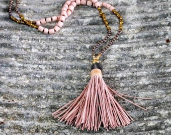 Tassel necklace. Light pink seed bead necklace. Pink necklace. Long necklace