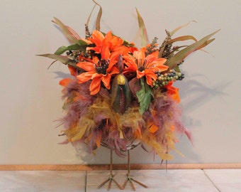 Fall Wire Basket Feathered Rooster Floral Arrangement Pams DeZines Fall Rooster Floral Arrangement (item 283)