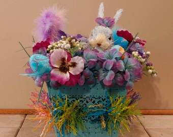 Easter Bunny Blue Sisal Bunny In Blue Lace Tin Confetti Fringe With Pink Blue Hydrangea (Item 226)