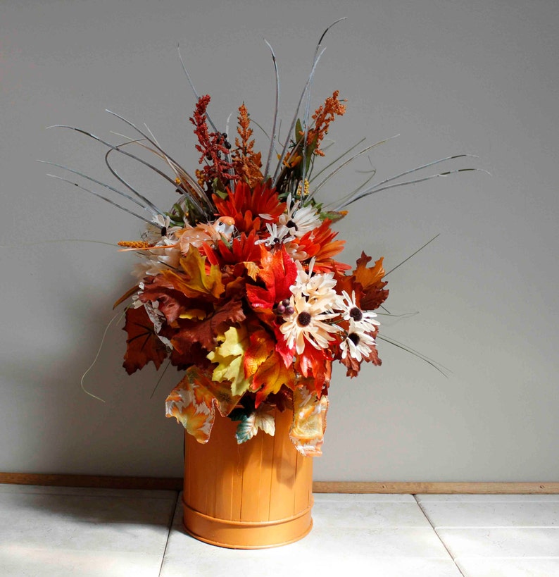 Fall Orange Tin Bucket With Orange Sunflowers and Orangebird item 272